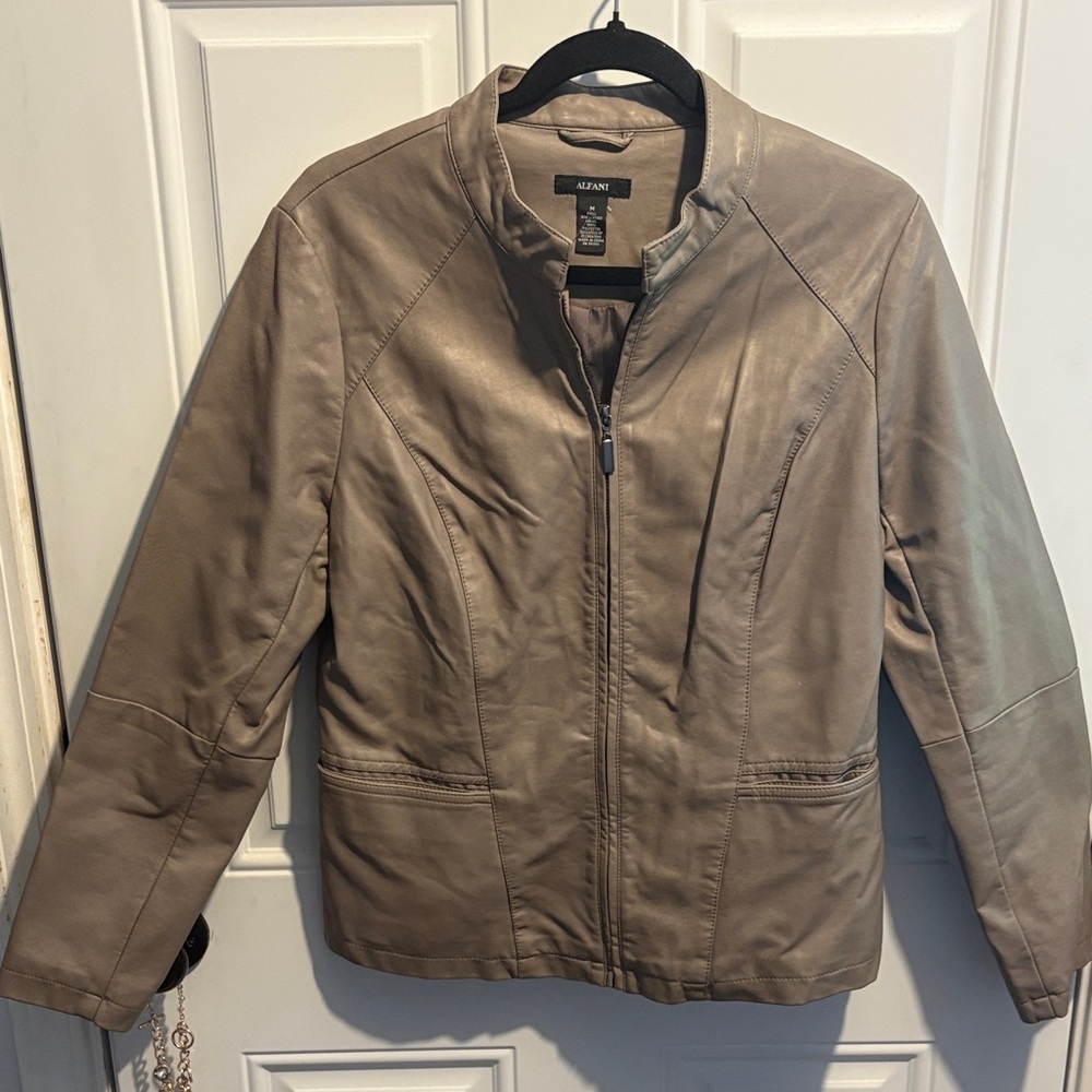 Alfani Women's Taupe Faux Leather Zip-Front Jacket